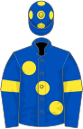 Royal blue, large yellow spots, yellow armlets and spots on cap