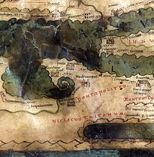 Euesperides was refounded as Berenice and became part of the Roman Pentapolis. This section of the Roman Tabula Peutingeriana itinerarium (road map) shows Berenice and the other cities of the Pentapolis which were bequeathed to Rome. Tabula Peutingeriana Pentapolis.jpg