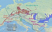 Hypothetische Migrationswege der Yamnaja-Kultur in Beziehung zu Glockenbecher-Kultur (engl. Bell Beaker culture) und Schnurkeramik-Kultur (engl. Corded Ware culture) mit den entsprechenden Zeitangaben