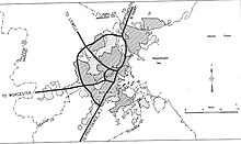 A map of the proposed highway put forth in the 1948 Massachusetts Highway Master Plan.