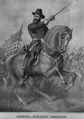 Gravure montrant Harrison chargeant sur son cheval à la tête de ses troupes