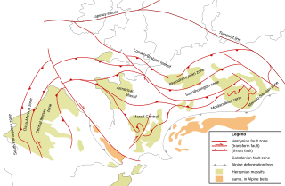 <span class="mw-page-title-main">Rhenohercynian Zone</span> Fold belt of west and central Europe, formed during the Hercynian orogeny