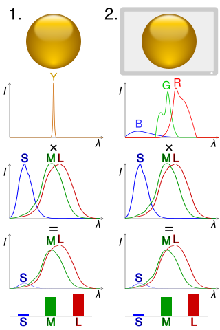 <span class="mw-page-title-main">Metamerism (color)</span> Perceived matching of colors in colorimetry