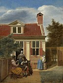 Figures in a Courtyard behind a House label QS:Len,"Figures in a Courtyard behind a House" label QS:Lnl,"Een gezelschap op de plaats achter een huis" . Circa 1663-1665. oil on canvas medium QS:P186,Q296955;P186,Q12321255,P518,Q861259 . 60 × 45.7 cm (23.6 × 17.9 in). Amsterdam, Rijksmuseum Amsterdam.