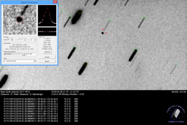 2017 VR12 on 26 February 2018. The asteroid is visible at 15th magnitude, at a distance of 4.8 million km (3.0 million miles) from Earth. The telescope is tracking the asteroid, causing stars to trail as the asteroid slowly moves across the sky.[8]