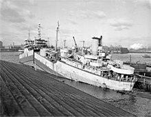 The fractured USS Ponaganset (AO-86), at the General Ship and Iron Works, Boston, MA., 9 December 1947 AO-86 fractured.jpg