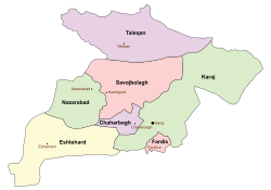 Location of Savojbolagh County in Alborz province (center, pink)