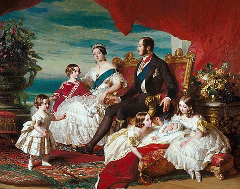 左から次男アルフレッド、長男エドワード、ヴィクトリア女王、アルバート、次女アリス、三女ヘレナ、長女ヴィクトリア（1846年、フランツ・ヴィンターハルター画）