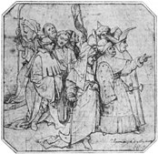 Hieronymus Bosch or after Hieronymus Bosch. Group of ten spectators label QS:Len,"Group of ten spectators" label QS:Lde,"Eine Gruppe von zehn Zuschauer" label QS:Lnl,"Groep van tien toeschouwers" . inkt op papier medium QS:P186,Q127418;P186,Q11472,P518,Q861259 . 12,4 × 12,6 cm. New York, Pierpont Morgan Library.