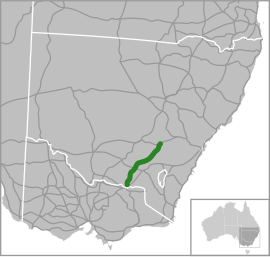 Road map showing a northeast-southwest road in southern New South Wales (west of the Australian Capital Territory)