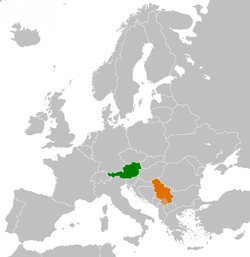 Map indicating locations of Austria and Serbia
