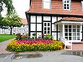 Imitation of timber framing in the foreground to match it optically to real timber framing in the background (spa gardens in Bad Driburg).