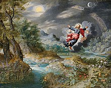 painting of dark gray skies with trees and water, and a human image, flying, with arms outstretched