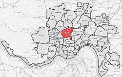 Clifton (red) within Cincinnati, Ohio.