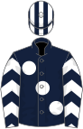 Dark blue, large white spots, dark blue and white chevrons on sleeves, dark blue and white striped cap