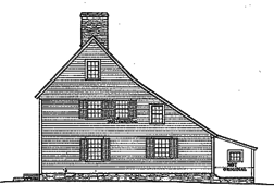 Elevación lateral de la Casa de Comfort Starr (c. 1695) que ilustra la distintiva línea del tejado.
