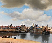 Johannes Vermeer: Gezicht op Delft, circa 1660-1661, atmosferische weergave van de nieuw ontstane stadsomgeving, met een bijzondere, gespreide weergave van het zonlicht.[30]