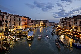 The Grand Canal in Venice, Italy, shot at night from Rialto Bridge