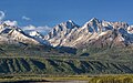 Alabaster is the white peak to left in back, Awesome Peak (center), Peak 7417 to right