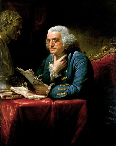 Portret van Benjamin Franklin in sy studeerkamer (1767) deur die Britse skilder David Martin. Die borsbeeld van Isaac Newton in die agtergrond sal sy wetenskaplike agtergrond beklemtoon.