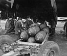 Avro Lancaster at RAF Metheringham. Note the "Fuzed" status, chalked on the nose of each bomb