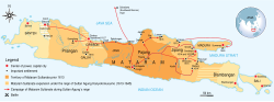 The maximum extent of Mataram Sultanate during the reign of Sultan Agung Anyokrokusumo (1613–1645)