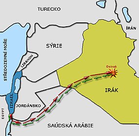 Trasa, kterou izraelské letouny použily během operace Opera