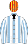 Light blue and white stripes, red and yellow striped cap