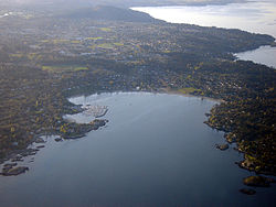 Aerial of Saanich, with Cadboro Bay in the foreground