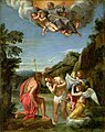 Allah Bapa (atas), dan Roh Kudus (direpresentasikan oleh burung merpati) digambarkan di atas Yesus. Lukisan karya Francesco Albani (wafat 1660)
