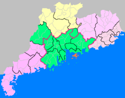 Map of the metropolitan region Guangdong-Hong Kong-Macao Greater Bay Area in Green