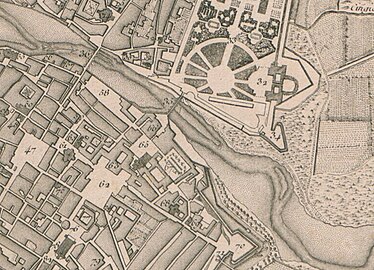 Extract from Jérôme Lalande's 1769 plan of Parma showing the Ducal Palace (nr. 63) like if the Petitot project was completed