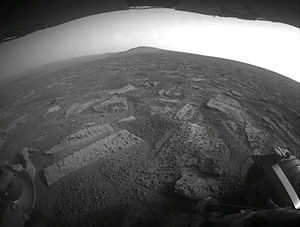 Hazcam image of Botany Bay and Solander Point (2013) Pia17271 sol3355-rearhaz 3.jpg