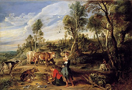 Pejzaĝo kun laktistinoj kaj bovoj, 1618