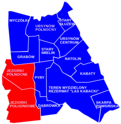 Map of the district of Ursynów, with the location of the City Information System areas of Jeziorki Północne and Jeziorki Południowe, which encompass the neighbourhood of Jeziorki.