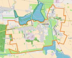 Mapa konturowa Łaszczowa, blisko centrum na prawo u góry znajduje się punkt z opisem „Synagoga w Łaszczowie”