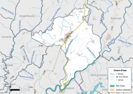 Carte en couleur présentant le réseau hydrographique de la commune