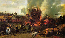 Survivors stagger away from crumpled railway carriages burning in the background of the painting
