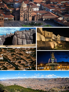 Taas: Plaza de Armas, Gitnang kaliwa: Sacsayhuamán, Gitnang kanan: Qurikancha, Ilalim kaliwa: Tanaw ng mga bahay kolonyal, Ilalim kanan: Museo, Ilalim: Tanaw ng Cusco sa himpapawid.