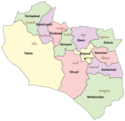 Location of Khusf County in South Khorasan province (bottom, pink)