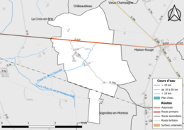 Carte en couleur présentant le réseau hydrographique de la commune