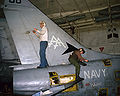 VA-81 A-7E in the hangar of USS Saratoga, 1986