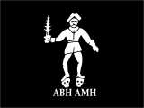 Roberts' new flag showed him holding a flaming sword and standing on two skulls, representing "a Barbadian's head" (ABH) and "a Martinican's head" (AMH) - two islands against whom he held a grudge.[27]