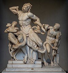 Laocoon and his sons struggling against the serpents.