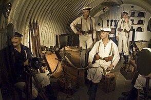 Display of First World War German equipment and uniforms in one of the shelters in the Aachen Battery