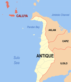 Mapa ng Antique na nagpapakita sa lokasyon ng Caluya.