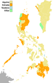 Provinces where Villar won at least a plurality are in light green; provinces where Estrada won at least a plurality are in orange. The Marcoses supported Villar in the election.