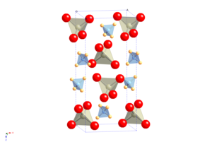 The crystal structure of ammonium perrhenate with orientationally ordered ammonium ions (blue) and ReO4 (grey) tetrahedra. Ammonium perrhenate Image.png