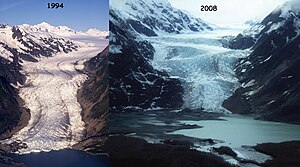 Davidson Glacier, Alaska. There is a glacier-fed lake in addition to the formation of a small channel heading in the southeast direction. Davidson Glacier1994 2008.jpg