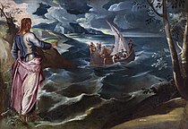 丁托列托的《基督平静加利利海》，117.1 × 169.2cm，約作於1575-1580年，來自山繆·亨利·卡瑞斯的收藏。[33]